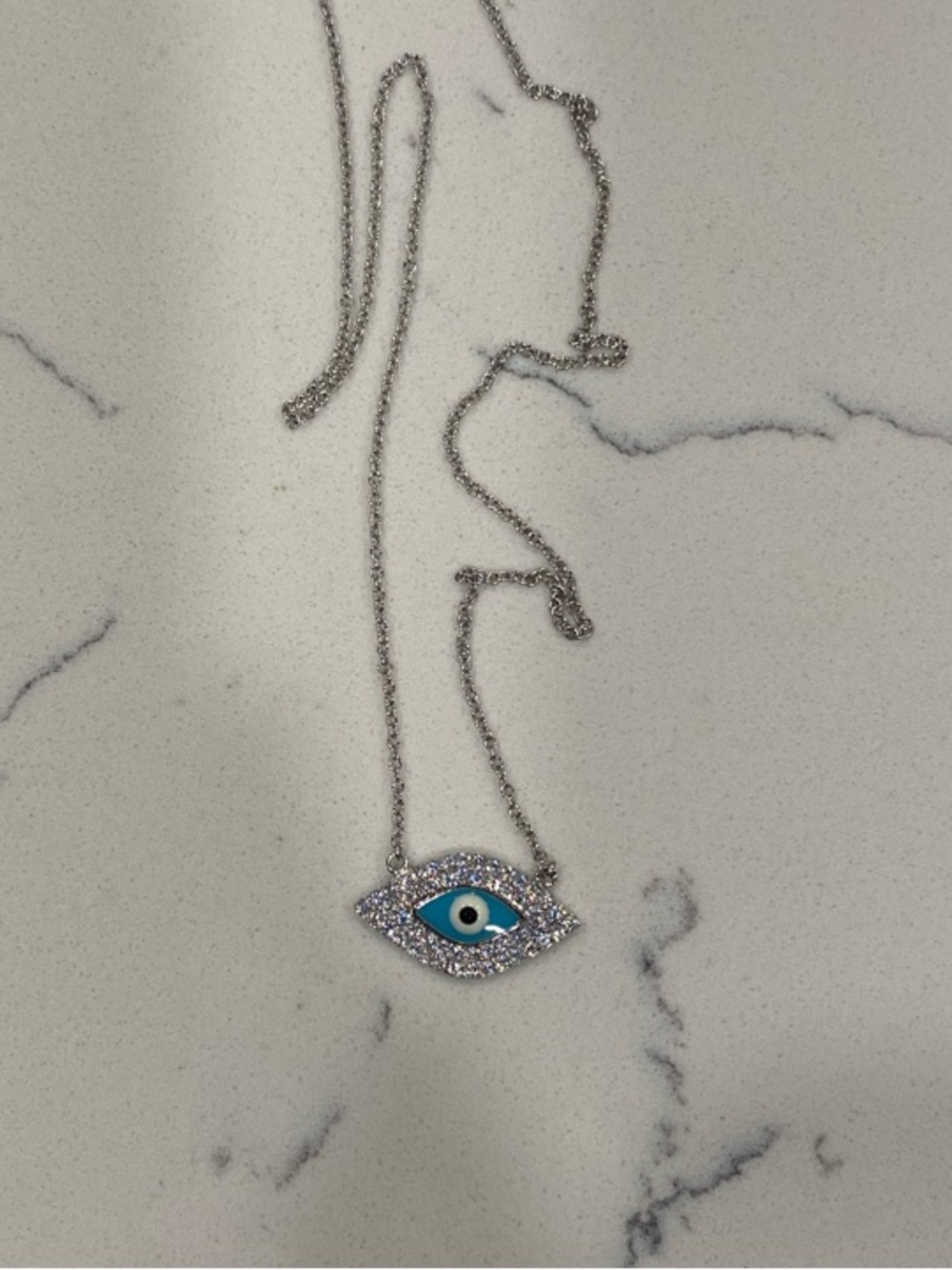 Silver Toned Evil Eye Pendant Necklace with Blue Enamel Accent
